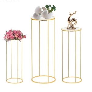 3PCS Cylinder Pedestal Stands for Parties, Gold Metal Plant Round